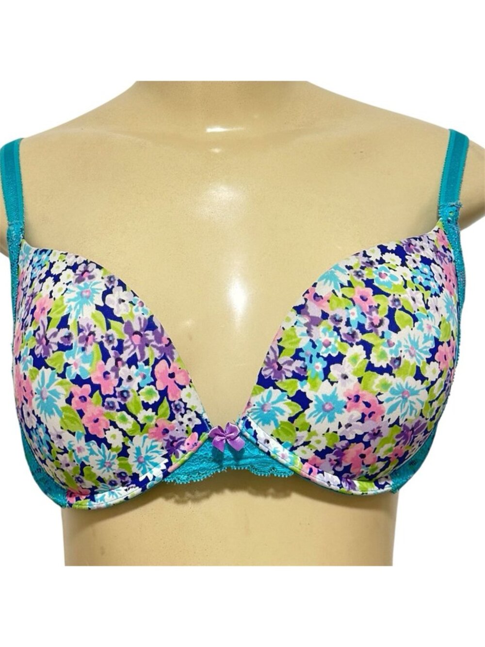 Victoria Secret 34D Dream Angels Push Up Bra Blue Pink Floral Turquoise Lace